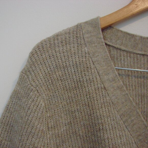 H&M Rhinestone Bow Cardigan Sweater Ribbed Beige Taupe Wool Blend Oversized XL - Picture 9 of 15